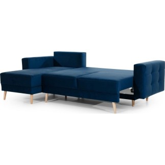 Canapé d'angle convertible ASSIA VELOURS - en tissu de qualité 5 places, bleu foncé, angle gauche (vu de face)