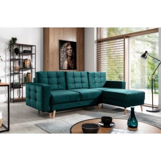 Canapé d'angle convertible ASSIA VELOURS - en tissu de qualité 5 places, vert, angle droit (vu de face)