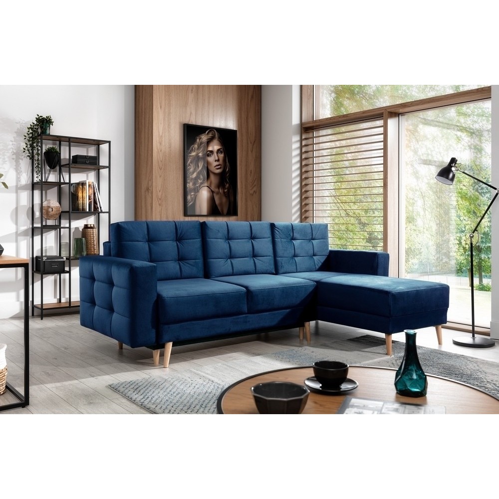 Canapé d'angle convertible ASSIA VELOURS - en tissu de qualité 5 places, bleu foncé, angle droit (vu de face)