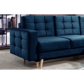 Canapé d'angle convertible ASSIA VELOURS - en tissu de qualité 5 places, bleu foncé, angle droit (vu de face)