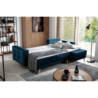 Canapé d'angle convertible ASSIA VELOURS - en tissu de qualité 5 places, bleu foncé, angle droit (vu de face)