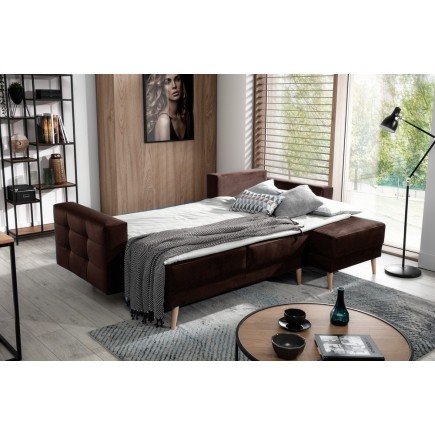 Canapé d'angle convertible ASSIA VELOURS - en tissu de qualité 5 places, marron foncé, angle droit (vu de face)