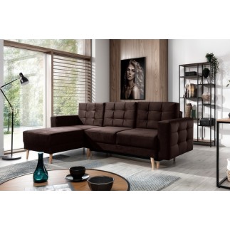 Canapé d'angle convertible ASSIA VELOURS - en tissu de qualité 5 places, marron foncé, angle gauche (vu de face)