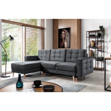 Canapé d'angle convertible ASSIA VELOURS - en tissu de qualité 5 places, gris anthracite, angle gauche (vu de face)