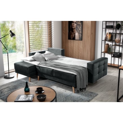 Canapé d'angle convertible ASSIA VELOURS - en tissu de qualité 5 places, gris anthracite, angle gauche (vu de face)