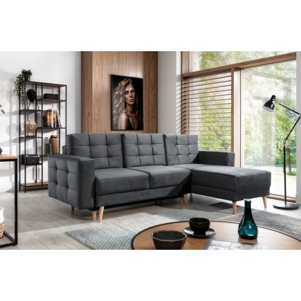 Canapé d'angle convertible ASSIA VELOURS - en tissu de qualité 5 places, gris anthracite, angle droit (vu de face)