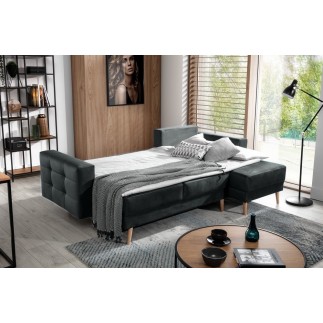Canapé d'angle convertible ASSIA VELOURS - en tissu de qualité 5 places, gris anthracite, angle droit (vu de face)