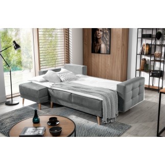 Canapé d'angle convertible - ASSIA VELOURS - en tissu de qualité 5 places, gris, angle gauche (vu de face)