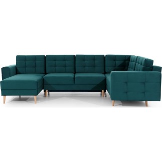 Canapé panoramique convertible - ASMA VELOURS - en tissu de qualité 5 places, vert foncé, méridienne à gauche et angle à droite