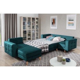 Canapé panoramique convertible - ASMA VELOURS - en tissu de qualité 5 places, vert foncé, méridienne à gauche et angle à droite