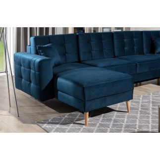 Canapé panoramique convertible - ASMA VELOURS - en tissu de qualité 5 places, bleu foncé, méridienne à gauche et angle à droite