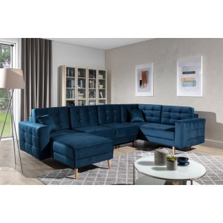 Canapé panoramique convertible - ASMA VELOURS - en tissu de qualité 5 places, bleu foncé, méridienne à gauche et angle à droite