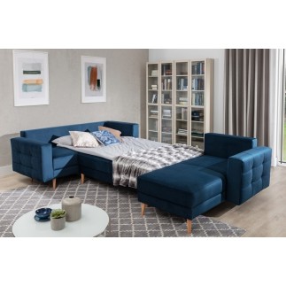 Canapé panoramique convertible - ASMA VELOURS - en tissu de qualité 5 places, bleu foncé, méridienne à droite et angle à gauche