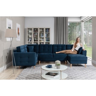 Canapé panoramique convertible - ASMA VELOURS - en tissu de qualité 5 places, bleu foncé, méridienne à droite et angle à gauche