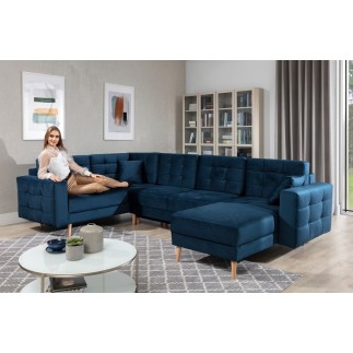 Canapé panoramique convertible - ASMA VELOURS - en tissu de qualité 5 places, bleu foncé, méridienne à droite et angle à gauche