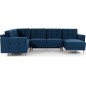 Canapé panoramique convertible - ASMA VELOURS - en tissu de qualité 5 places, bleu foncé, méridienne à droite et angle à gauche