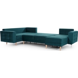 Canapé panoramique convertible - ASMA VELOURS - en tissu de qualité 5 places, vert foncé, méridienne à droite et angle à gauche