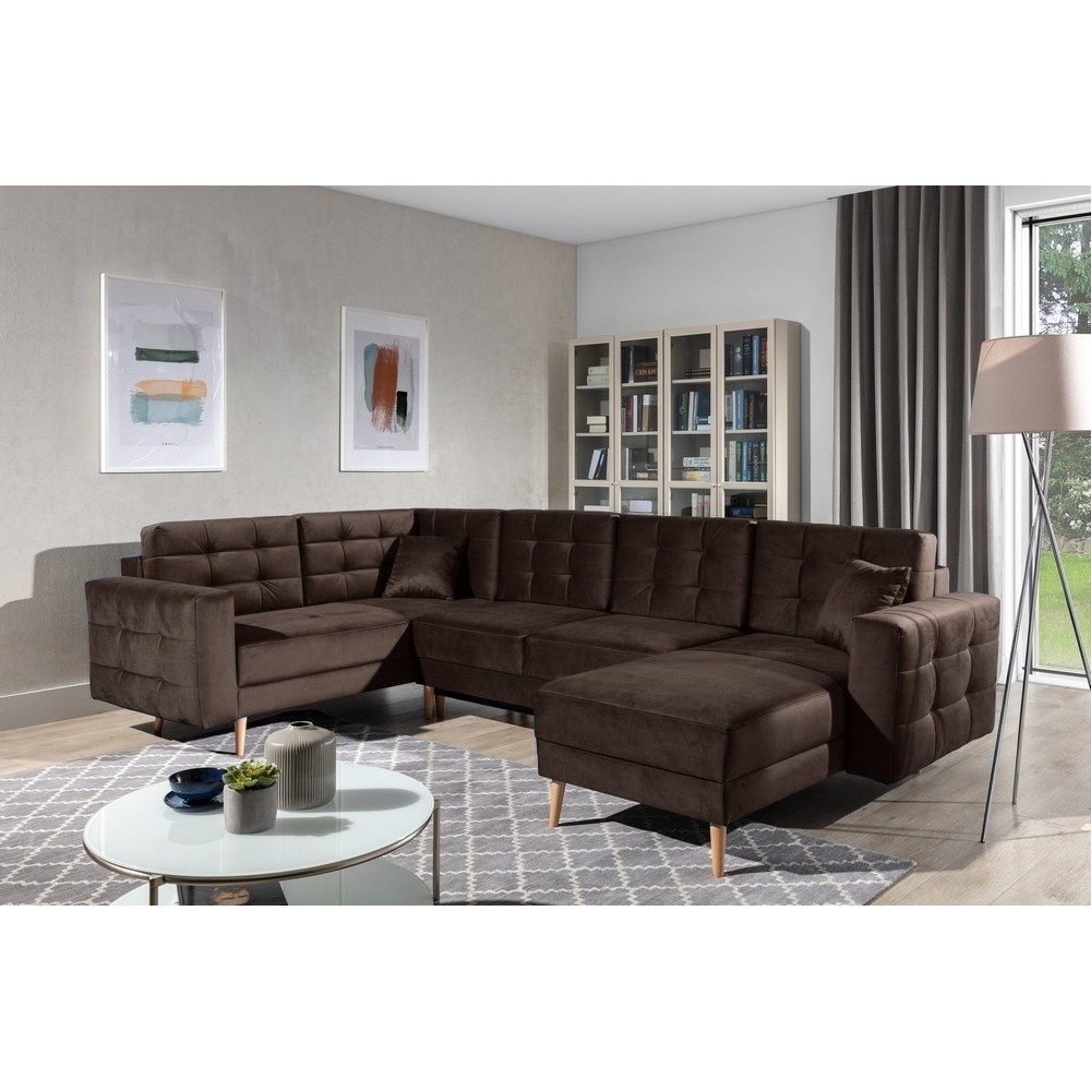 Canapé panoramique convertible - ASMA VELOURS - en tissu de qualité 5 places, marron foncé, méridienne à droite et angle à gauch