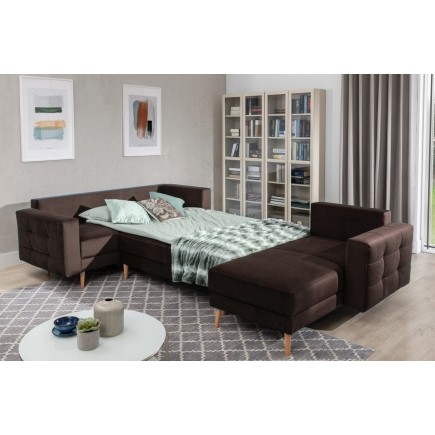 Canapé panoramique convertible - ASMA VELOURS - en tissu de qualité 5 places, marron foncé, méridienne à droite et angle à gauch