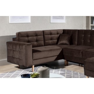 Canapé panoramique convertible - ASMA VELOURS - en tissu de qualité 5 places, marron foncé, méridienne à droite et angle à gauch