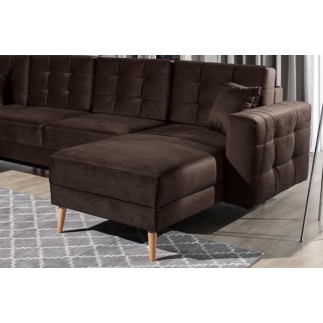 Canapé panoramique convertible - ASMA VELOURS - en tissu de qualité 5 places, marron foncé, méridienne à droite et angle à gauch