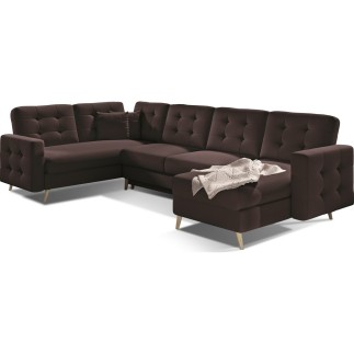 Canapé panoramique convertible - ASMA VELOURS - en tissu de qualité 5 places, marron foncé, méridienne à droite et angle à gauch