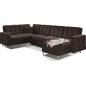 Canapé panoramique convertible - ASMA VELOURS - en tissu de qualité 5 places, marron foncé, méridienne à droite et angle à gauch