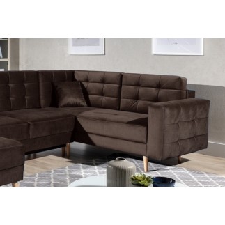 Canapé panoramique convertible - ASMA VELOURS - en tissu de qualité 5 places, marron foncé, méridienne à gauche et angle à droit
