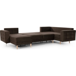Canapé panoramique convertible - ASMA VELOURS - en tissu de qualité 5 places, marron foncé, méridienne à gauche et angle à droit
