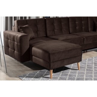 Canapé panoramique convertible - ASMA VELOURS - en tissu de qualité 5 places, marron foncé, méridienne à gauche et angle à droit