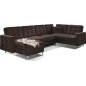 Canapé panoramique convertible - ASMA VELOURS - en tissu de qualité 5 places, marron foncé, méridienne à gauche et angle à droit