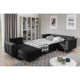 Canapé panoramique convertible - ASMA VELOURS - en tissu de qualité 5 places, gris anthracite, méridienne à gauche et angle à dr