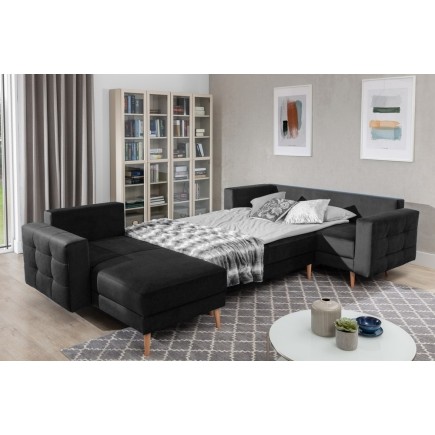Canapé panoramique convertible - ASMA VELOURS - en tissu de qualité 5 places, gris anthracite, méridienne à gauche et angle à dr