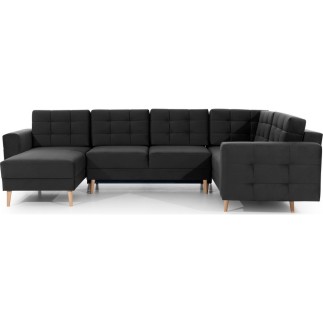 Canapé panoramique convertible - ASMA VELOURS - en tissu de qualité 5 places, gris anthracite, méridienne à gauche et angle à dr