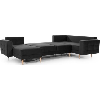 Canapé panoramique convertible - ASMA VELOURS - en tissu de qualité 5 places, gris anthracite, méridienne à gauche et angle à dr