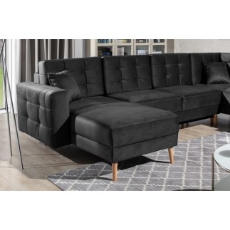 Canapé panoramique convertible - ASMA VELOURS - en tissu de qualité 5 places, gris anthracite, méridienne à gauche et angle à dr