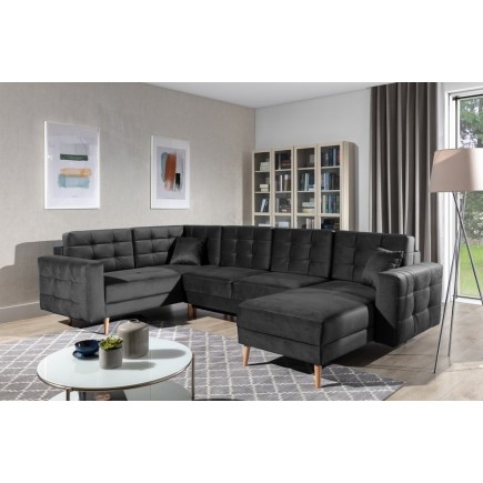 Canapé panoramique convertible - ASMA VELOURS - en tissu de qualité 5 places, gris anthracite, méridienne à droite et angle à ga