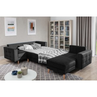 Canapé panoramique convertible - ASMA VELOURS - en tissu de qualité 5 places, gris anthracite, méridienne à droite et angle à ga