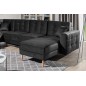 Canapé panoramique convertible - ASMA VELOURS - en tissu de qualité 5 places, gris anthracite, méridienne à droite et angle à ga