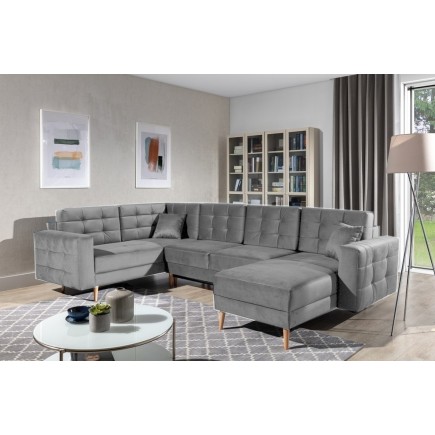 Canapé panoramique convertible - ASMA VELOURS - en tissu de qualité 5 places, gris, méridienne à droite et angle à gauche (vu de