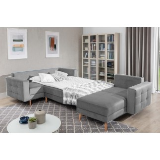 Canapé panoramique convertible - ASMA VELOURS - en tissu de qualité 5 places, gris, méridienne à droite et angle à gauche (vu de