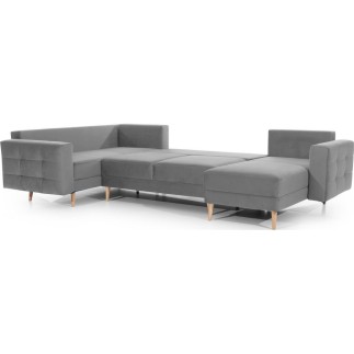 Canapé panoramique convertible - ASMA VELOURS - en tissu de qualité 5 places, gris, méridienne à droite et angle à gauche (vu de