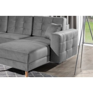 Canapé panoramique convertible - ASMA VELOURS - en tissu de qualité 5 places, gris, méridienne à droite et angle à gauche (vu de