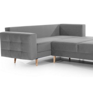 Canapé panoramique convertible - ASMA VELOURS - en tissu de qualité 5 places, gris, méridienne à droite et angle à gauche (vu de
