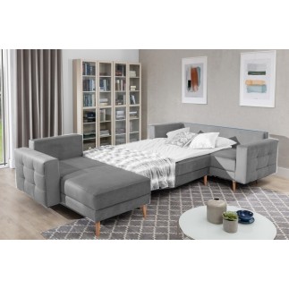 Canapé panoramique convertible - ASMA VELOURS - en tissu de qualité 5 places, gris, méridienne à gauche et angle à droite (vu de