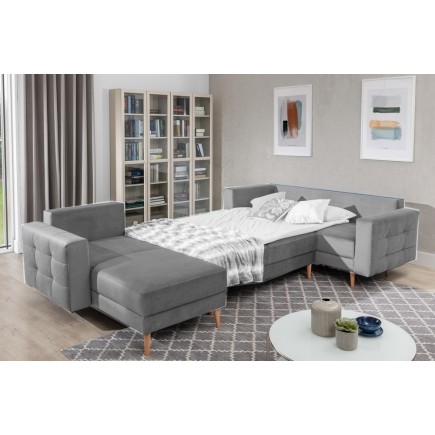 Canapé panoramique convertible - ASMA VELOURS - en tissu de qualité 5 places, gris, méridienne à gauche et angle à droite (vu de