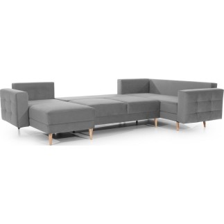 Canapé panoramique convertible - ASMA VELOURS - en tissu de qualité 5 places, gris, méridienne à gauche et angle à droite (vu de