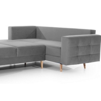 Canapé panoramique convertible - ASMA VELOURS - en tissu de qualité 5 places, gris, méridienne à gauche et angle à droite (vu de