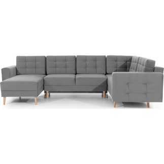 Canapé panoramique convertible - ASMA VELOURS - en tissu de qualité 5 places, gris, méridienne à gauche et angle à droite (vu de