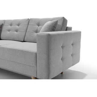 Canapé panoramique convertible - ASMA - en tissu de qualité 7 places, gris, méridienne à gauche et angle à droite (vu de face)